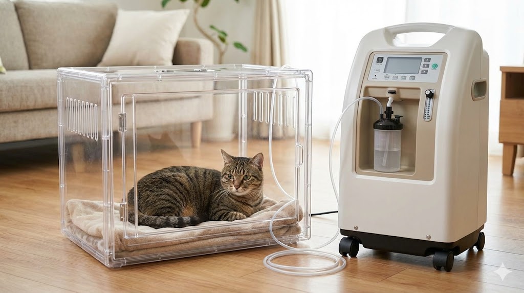 酸素室でくつろぐ猫