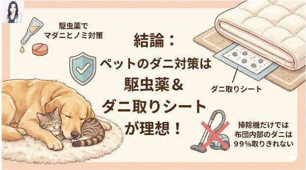ペットのダニ対策は駆虫薬＆ダニ取りシートが理想のイラスト